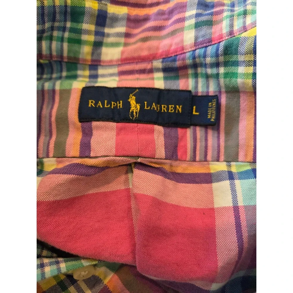 Polo Ralph Lauren Mens Large Pink Plaid Madras Long Sleeve Button Down Shirt